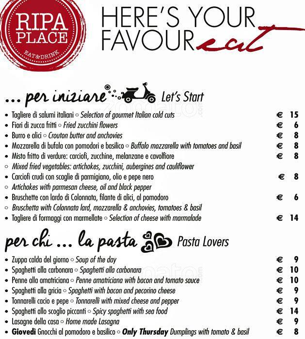 Menu di Ripa Place - Worldhotel Ripa Roma 