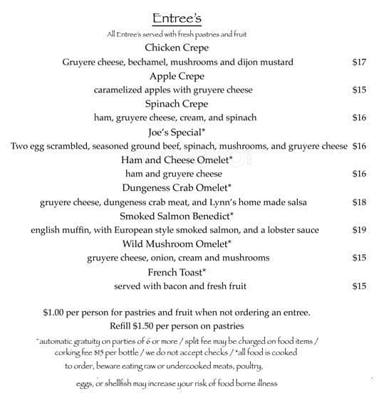 Menu at Lynn's Bistro restaurant, Kirkland