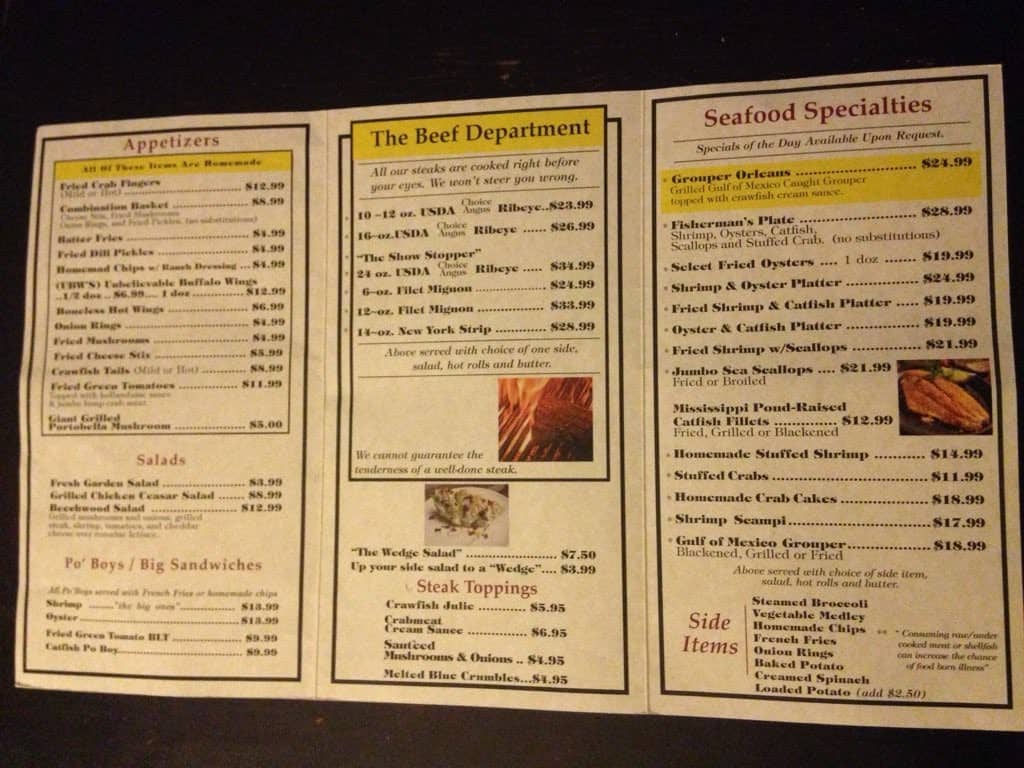 Menu at Beechwood Restaurant & Lounge, Vicksburg