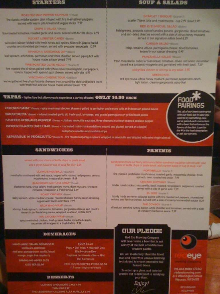 Red Eye Brewing Company Menu, Menu for Red Eye Brewing Company, Wausau