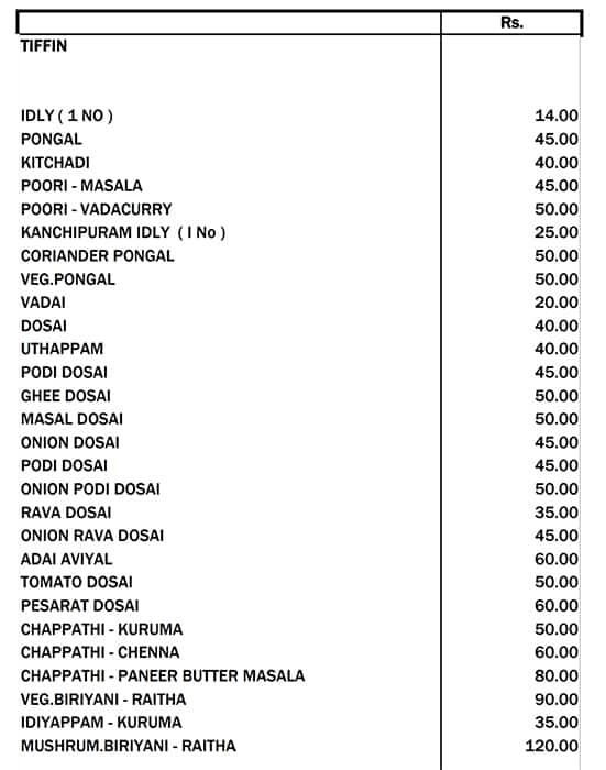 Menu of Sri Ambal Caterers, Medavakkam, Chennai