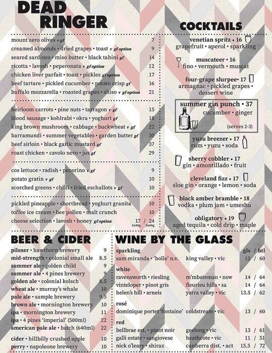 Dead Ringer menu, Menu restauracji Dead Ringer, Surry Hills, Sydney Urbanspoon/Zomato