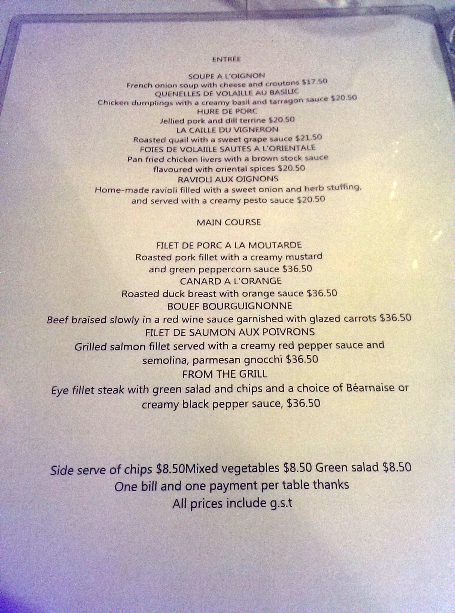 Menu at Le Provençal restaurant, South Hobart