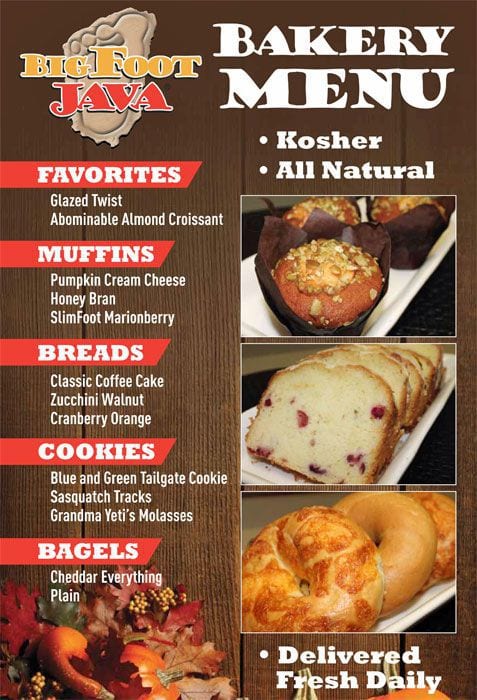 Menu at Big Foot Java restaurant, Everett, 401 SW Everett Mall Way