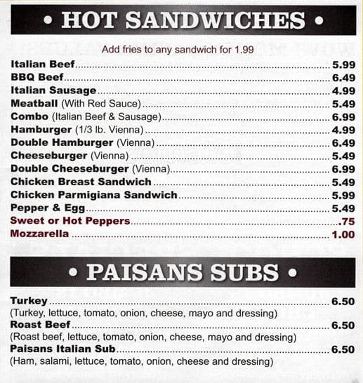 Menu at Paisans Pizzeria, Cicero, W 16th St