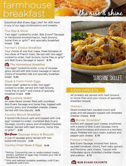Bob Evans Menu Printable