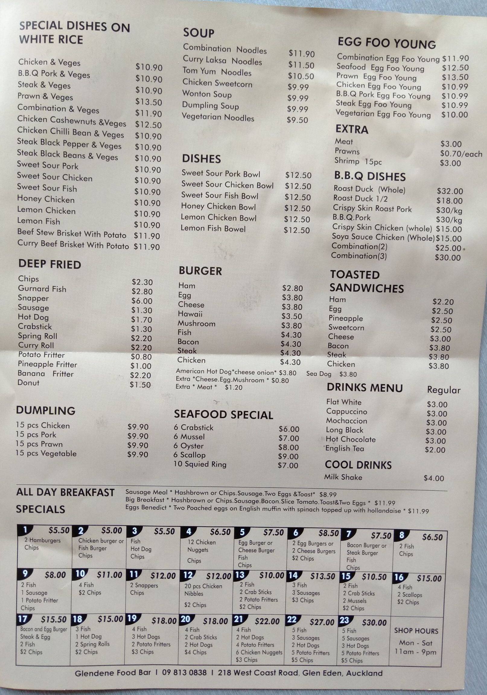 Menu at Glen Eden Foodbar, Auckland