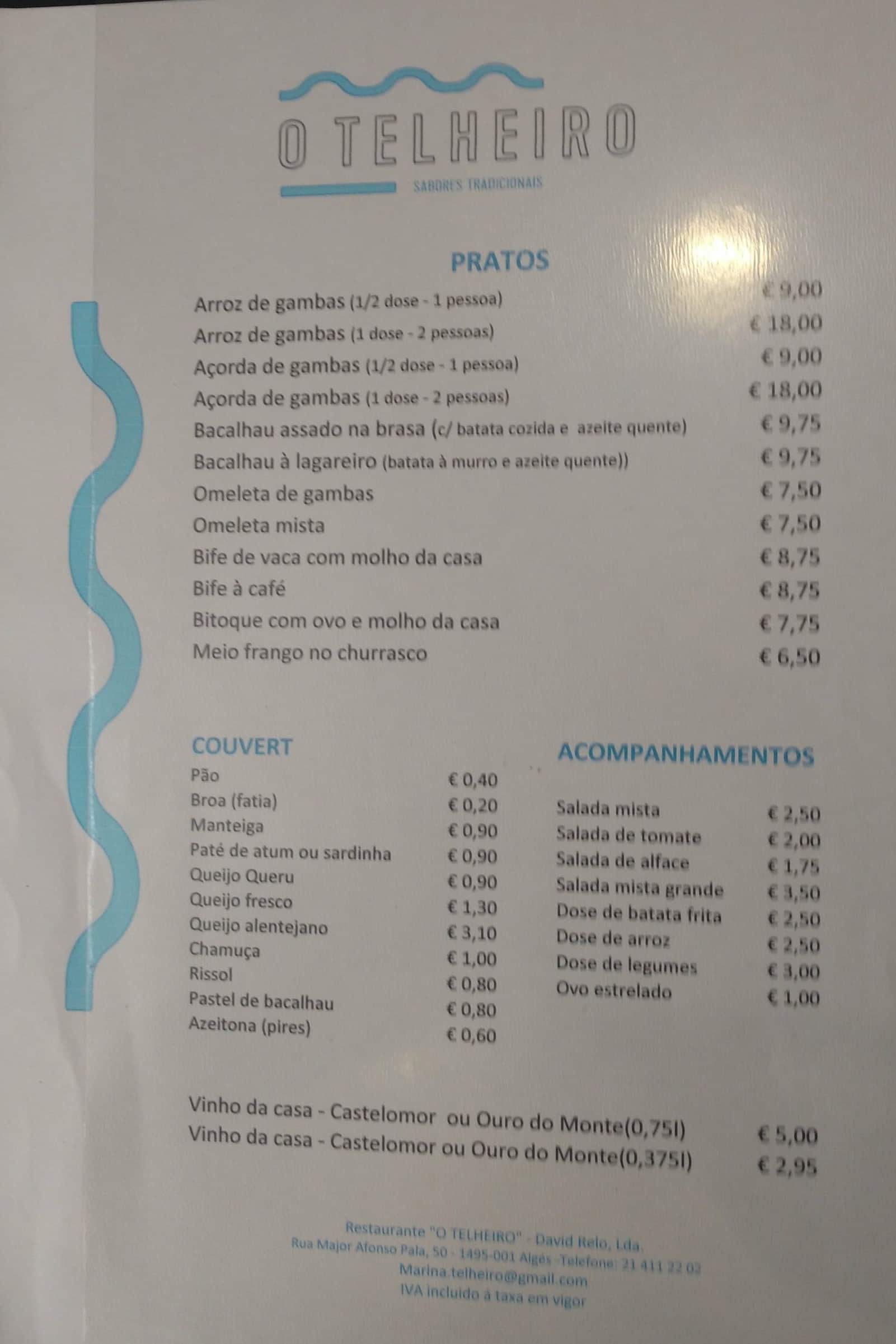 Menu At O Telheiro Restaurant Alges R Maj Afonso Palla 50