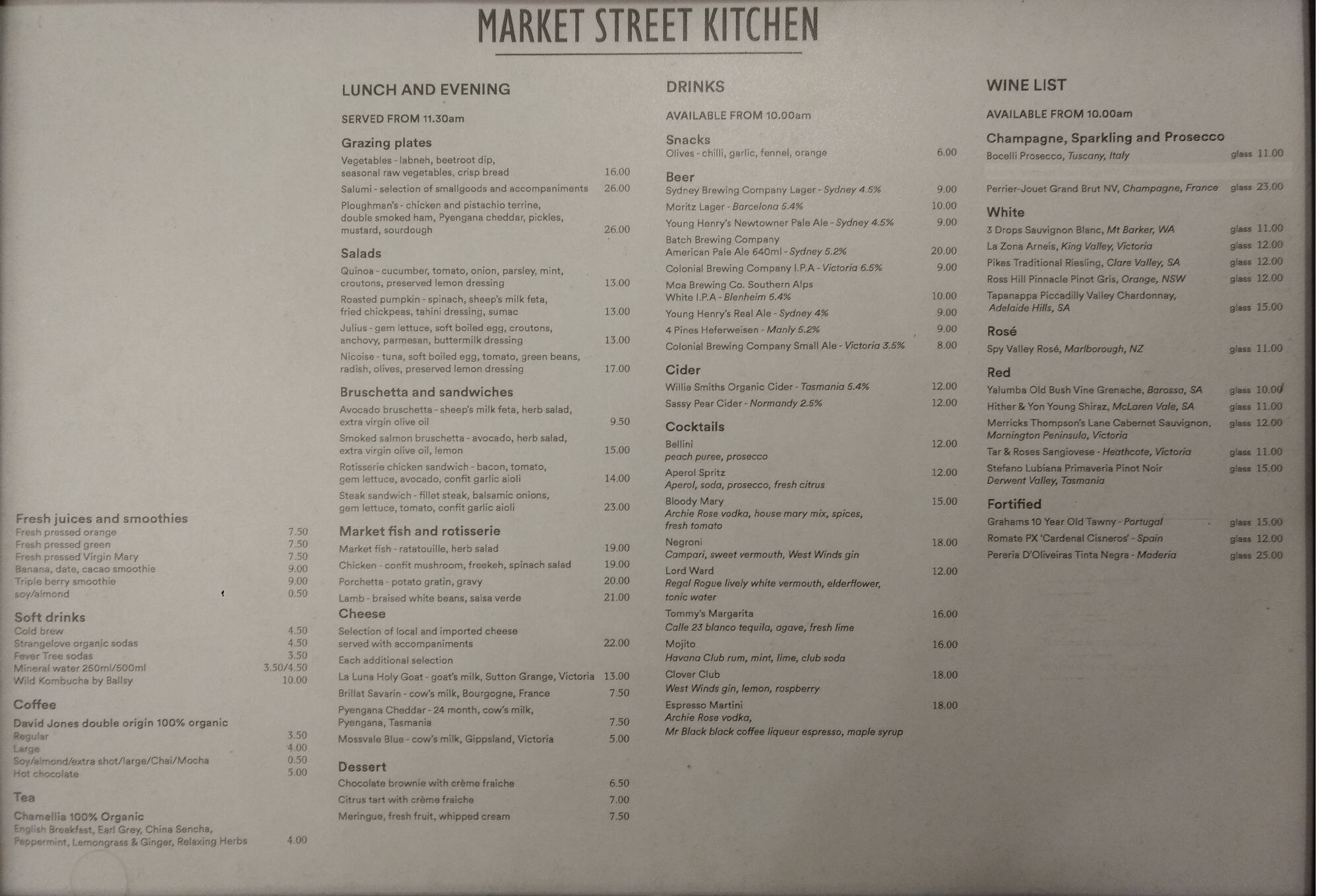 David Jones Wine Bar Menu, Menu for David Jones Wine Bar, CBD, Sydney