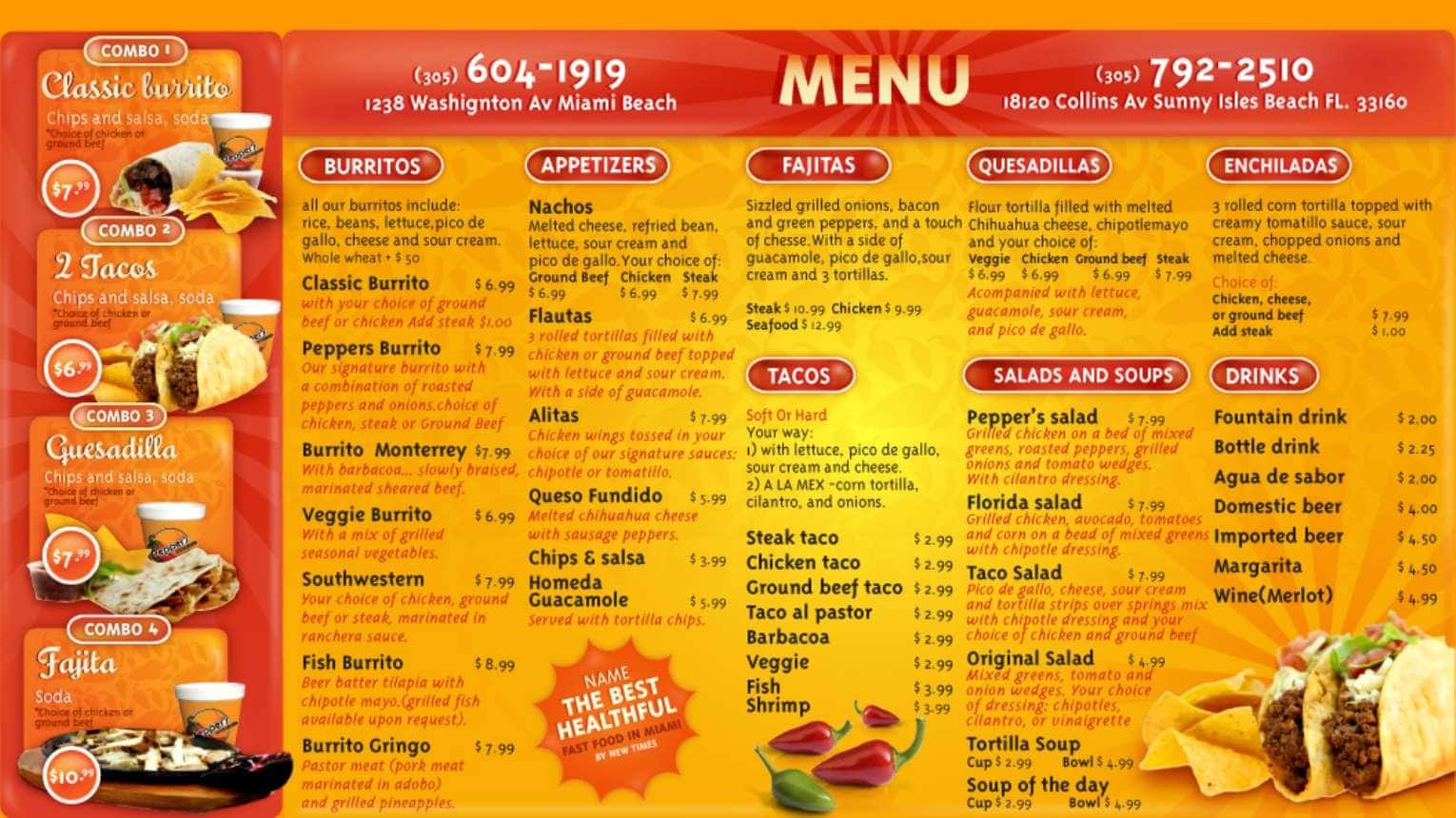 Pepper's Burrito Grill a Miami Foto del Menu con Prezzi Urbanspoon/Zomato