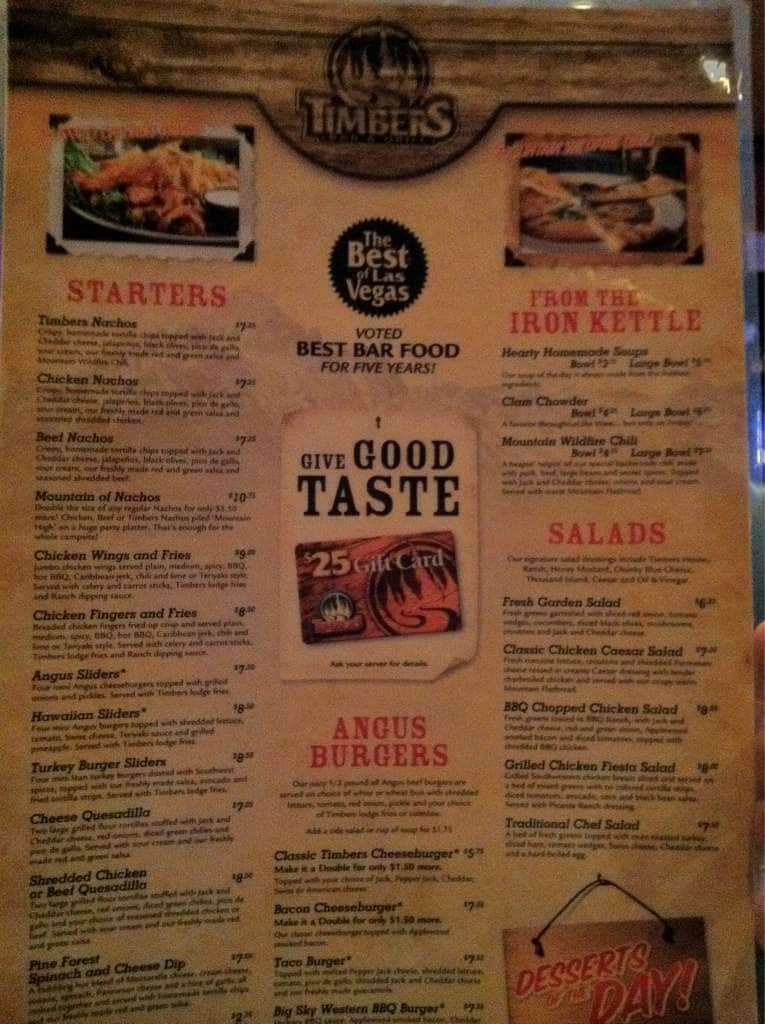 Timbers Bar & Grill Menu, Menu for Timbers Bar & Grill, Northwest Las