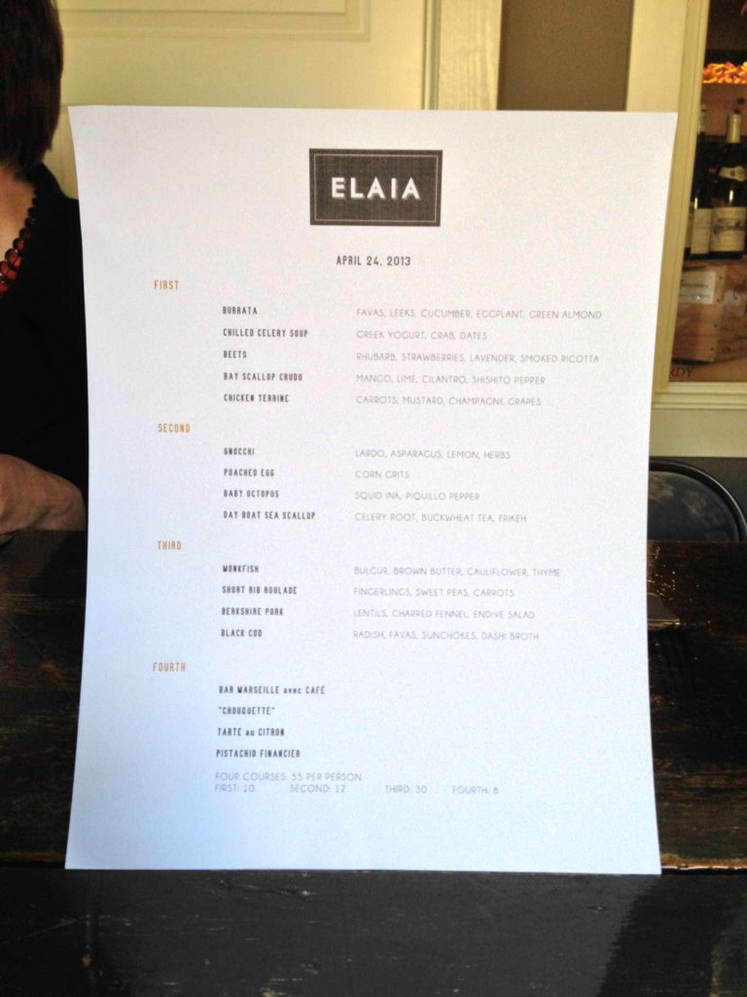 Menu at ELAIA restaurant, St. Louis