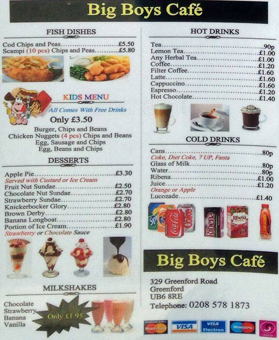 Menu at Big Boys Cafe, Greenford