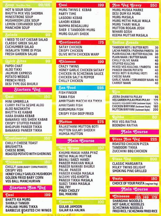 Twins Menu, Menu for Twins, Kammanahalli, Bangalore Zomato