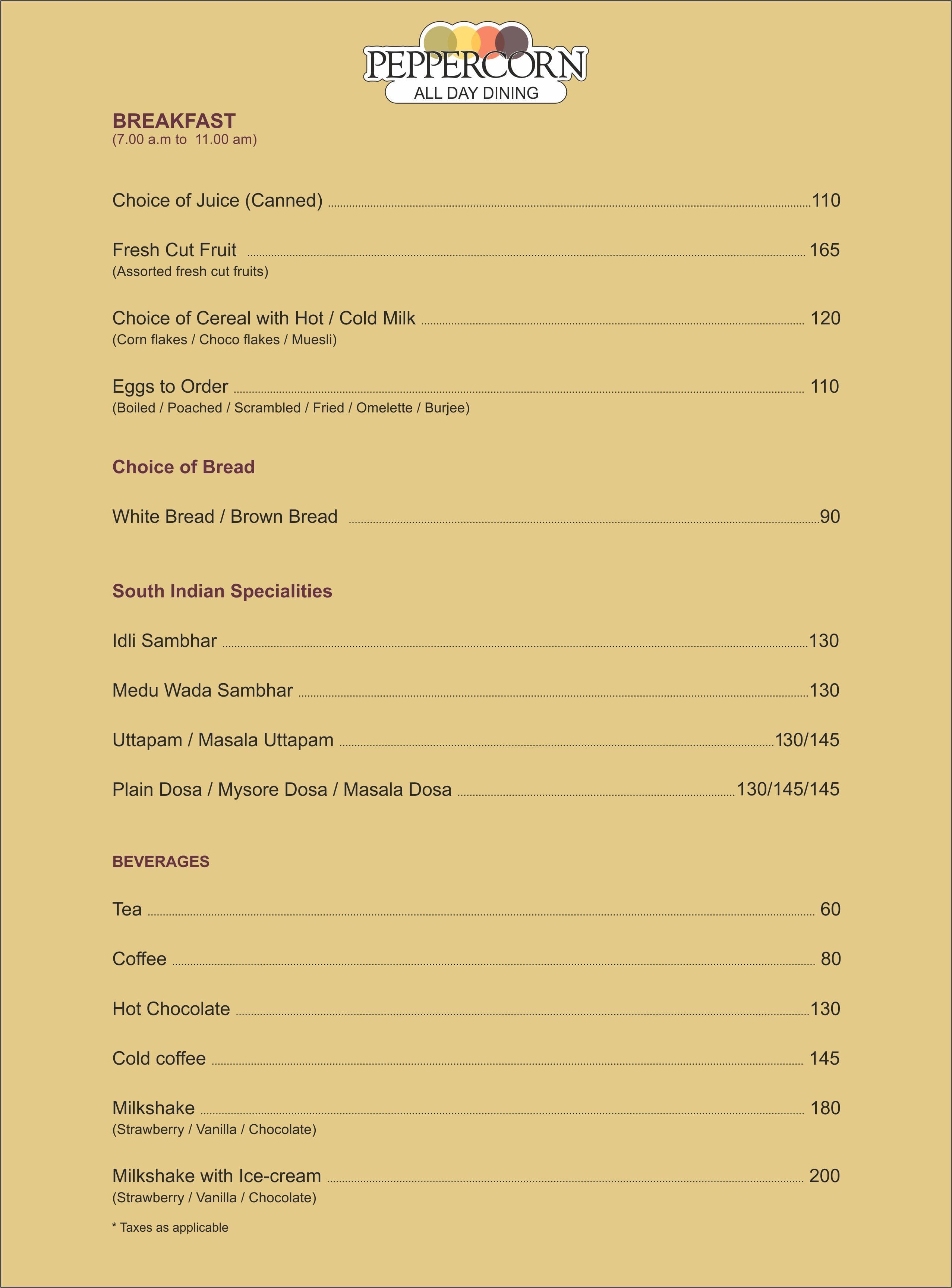 Peppercorn GCC Northside Hotel Menu Zomato