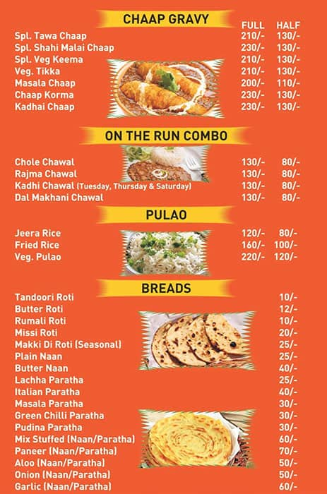 Menu of Karan's Vaishno Dhaba, Kirti Nagar, New Delhi