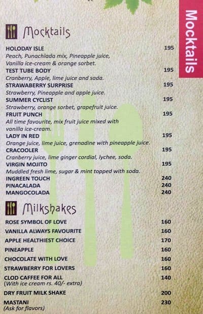 In Green Hotel Pune menu