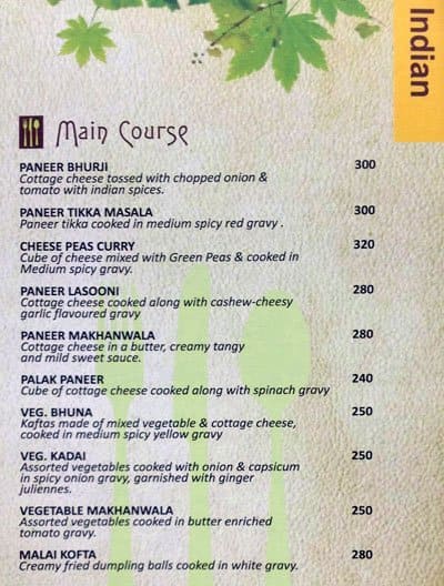 In Green Hotel Pune menu