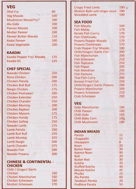 Menu at Sun Park, Chennai, 2/7