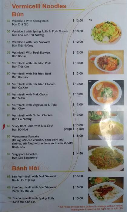 Menu at Pho Huong Viet Saigon restaurant, Bayswater