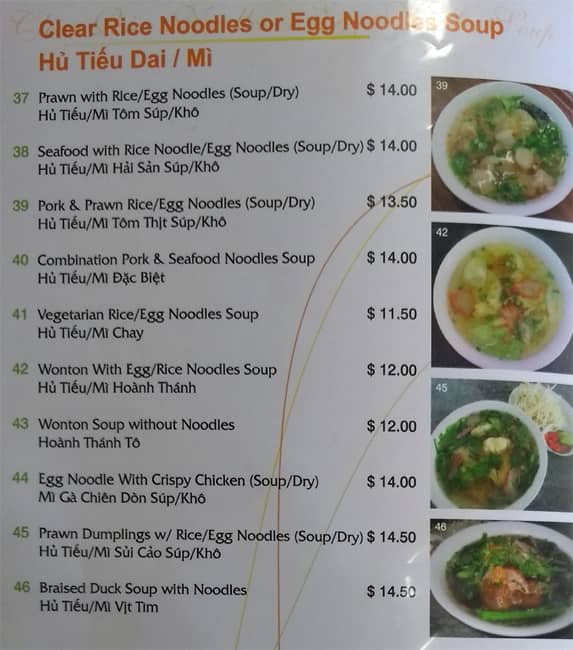 Menu at Pho Huong Viet Saigon restaurant, Bayswater