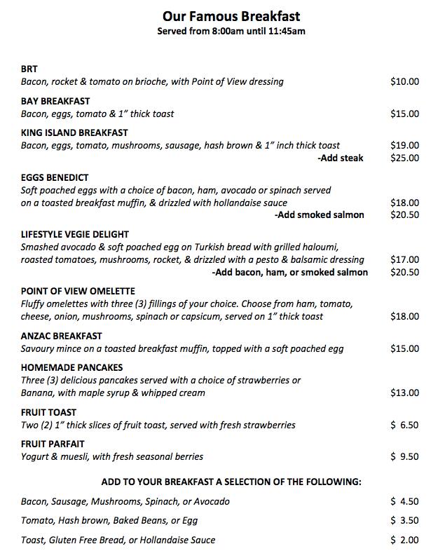 Point of View Menu, Menu for Point of View, Wellington Point, Brisbane