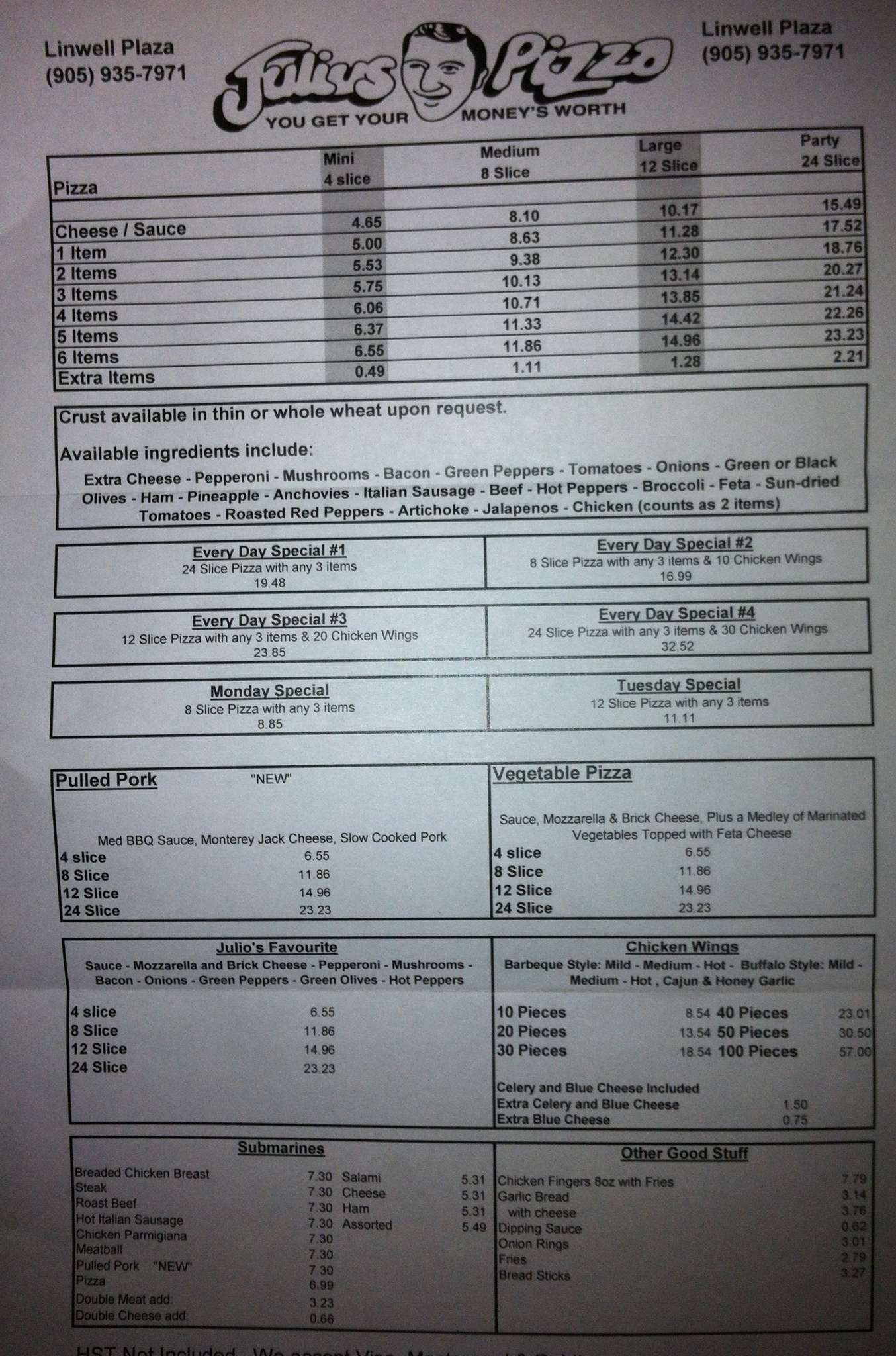Julius Pizza Menu, Menu for Julius Pizza, St Catharines, St Catharines
