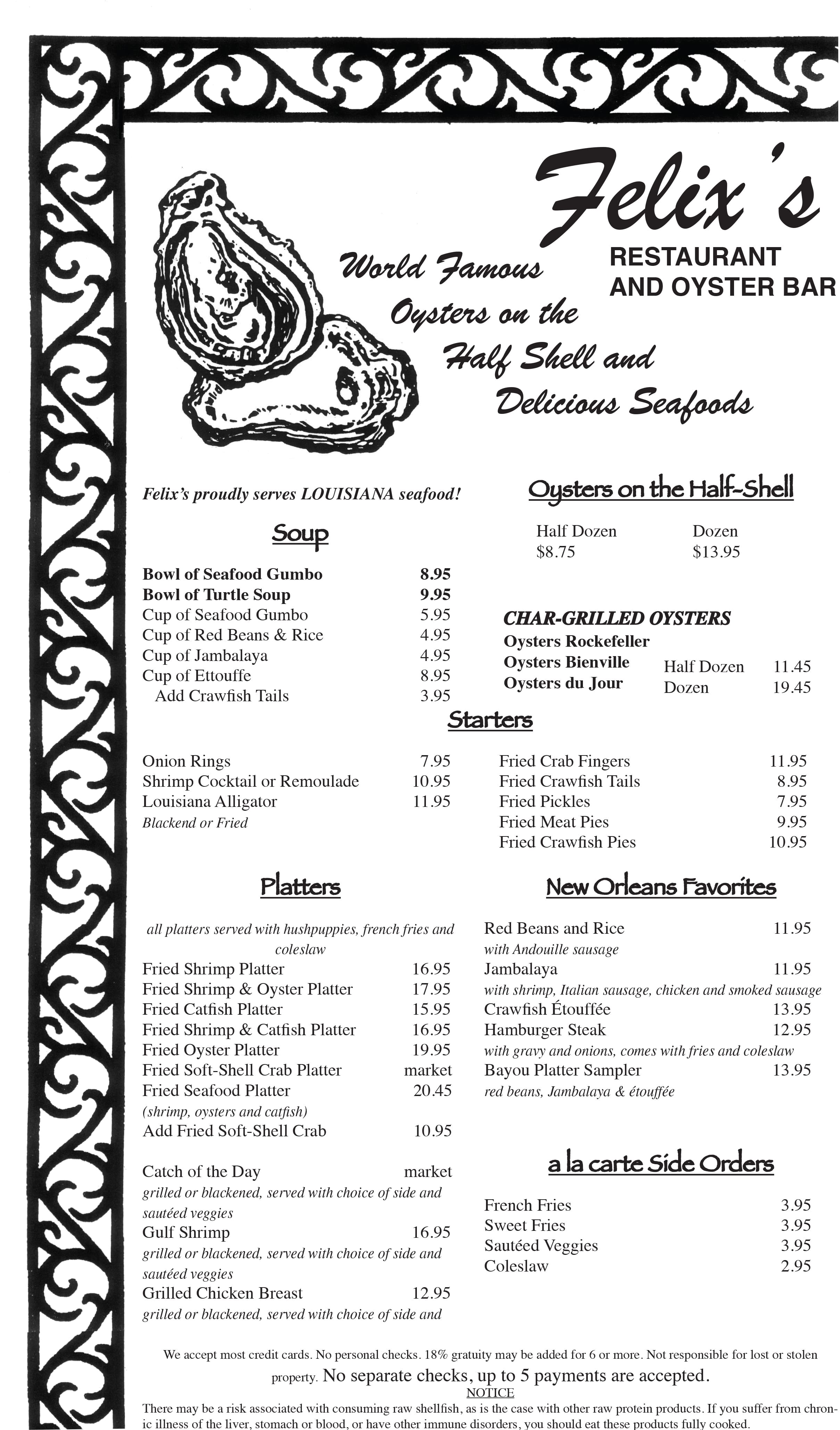 felix restaurant new orleans menu