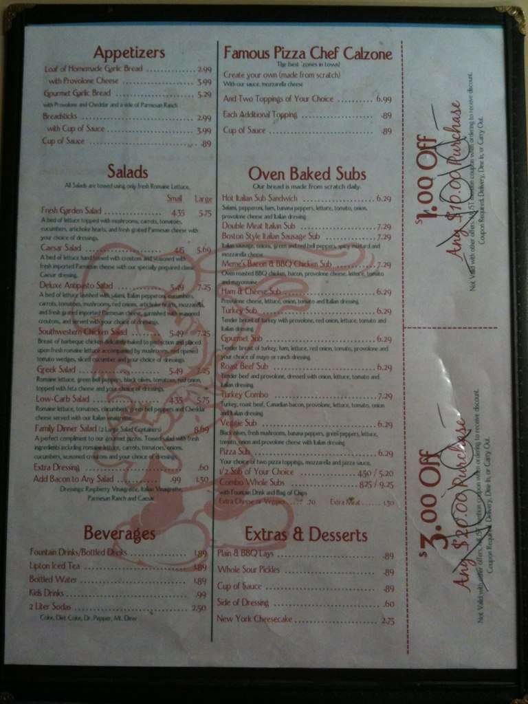 Menu at Pizza Chef pizzeria, Jonesboro