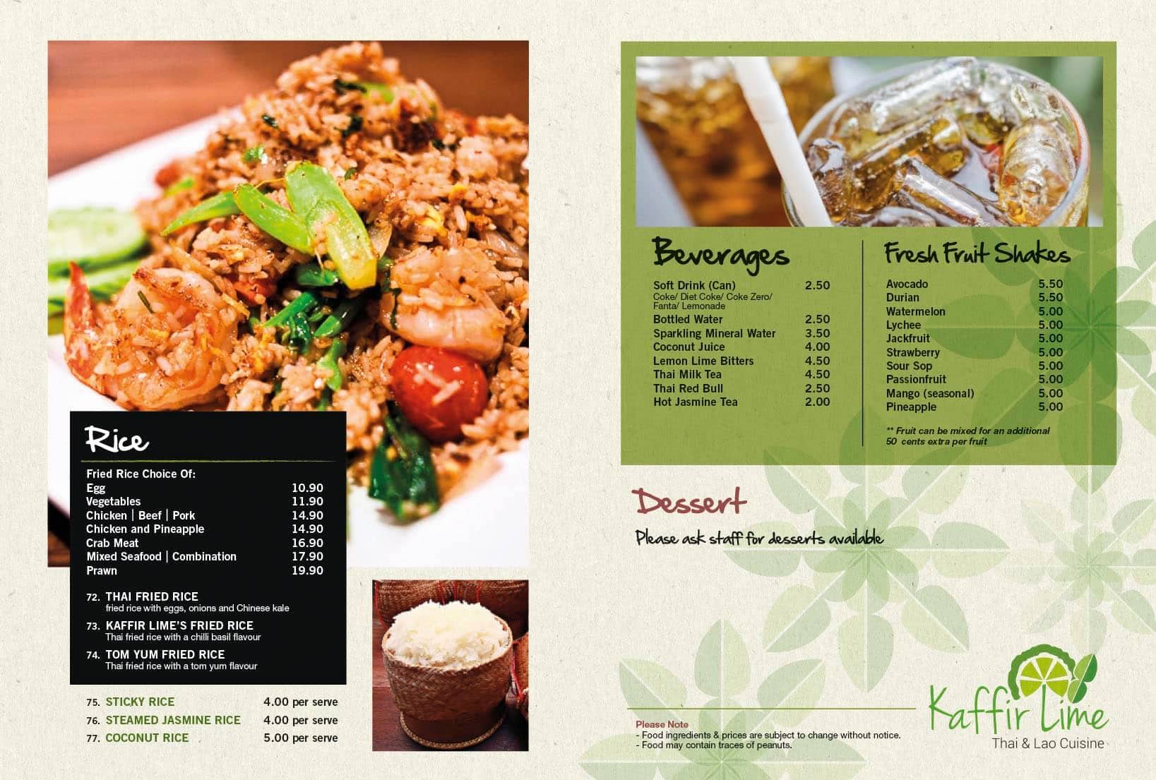 Menu at Kaffir Lime Thai & Lao Cuisine restaurant, Cabramatta West