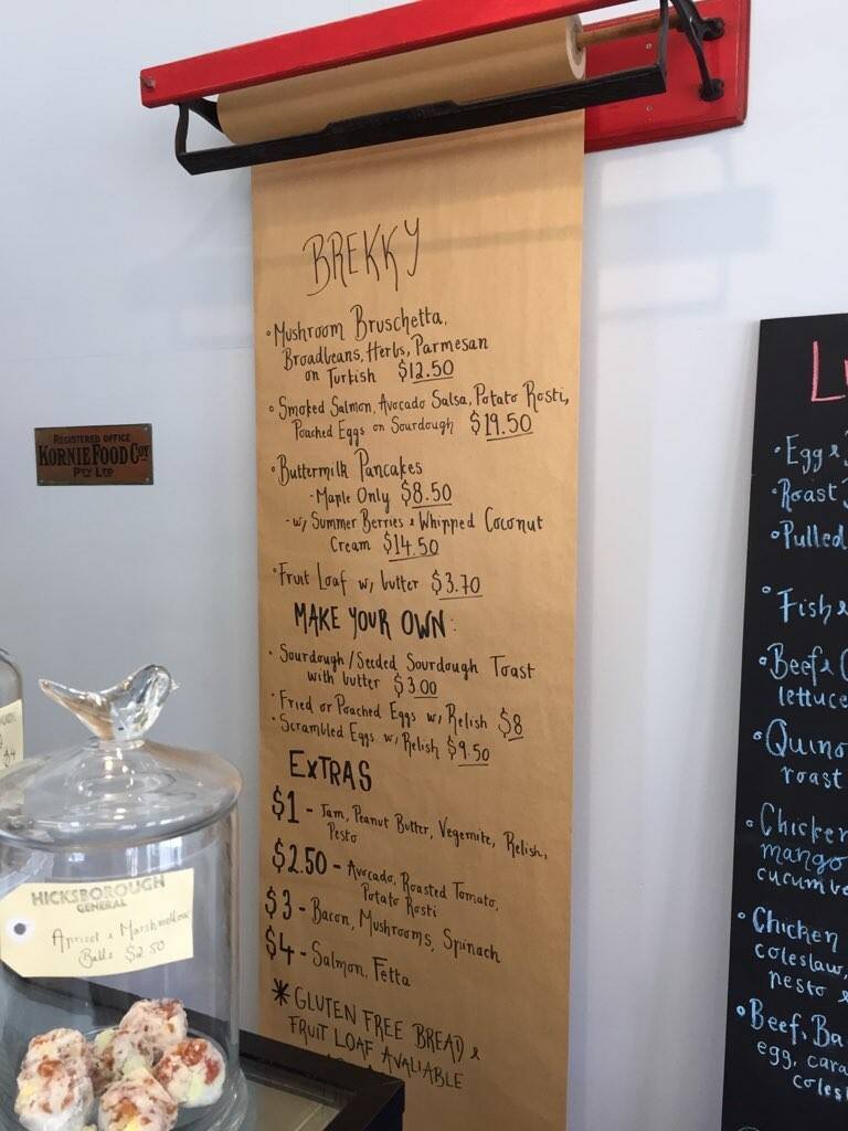 Menu at Hicksborough General Store cafe, North Wonthaggi