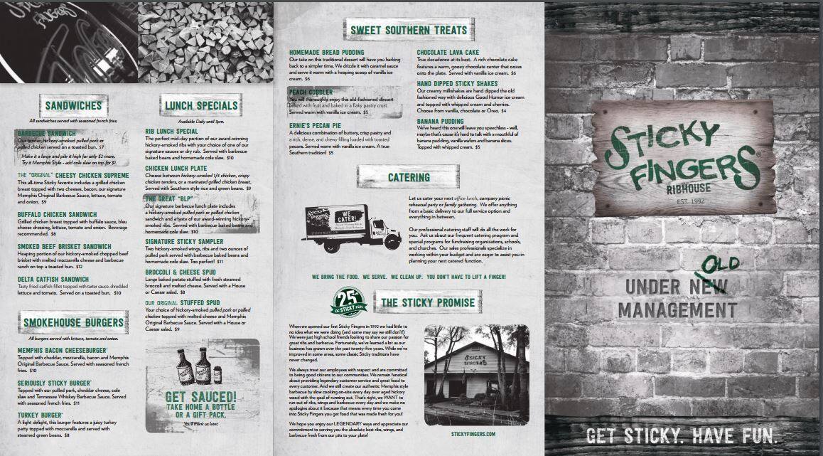 Sticky Fingers Menu, Menu for Sticky Fingers, Airport, Jacksonville