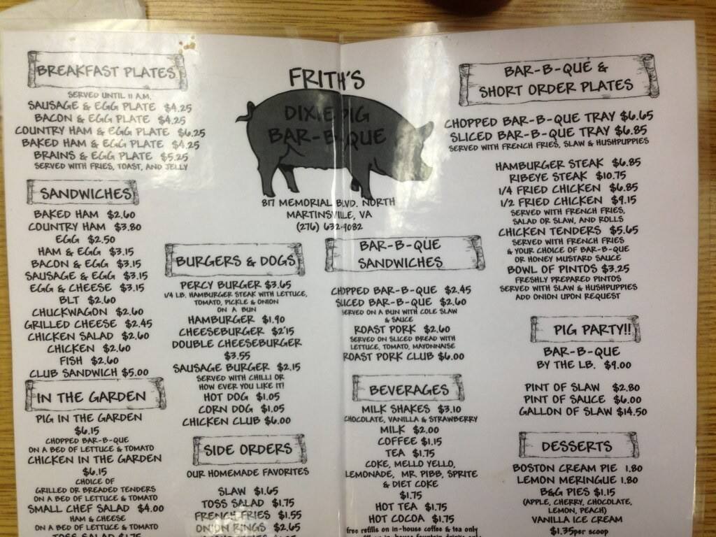 Dixie Pig Barbecue Menu, Menu for Dixie Pig Barbecue, Martinsville