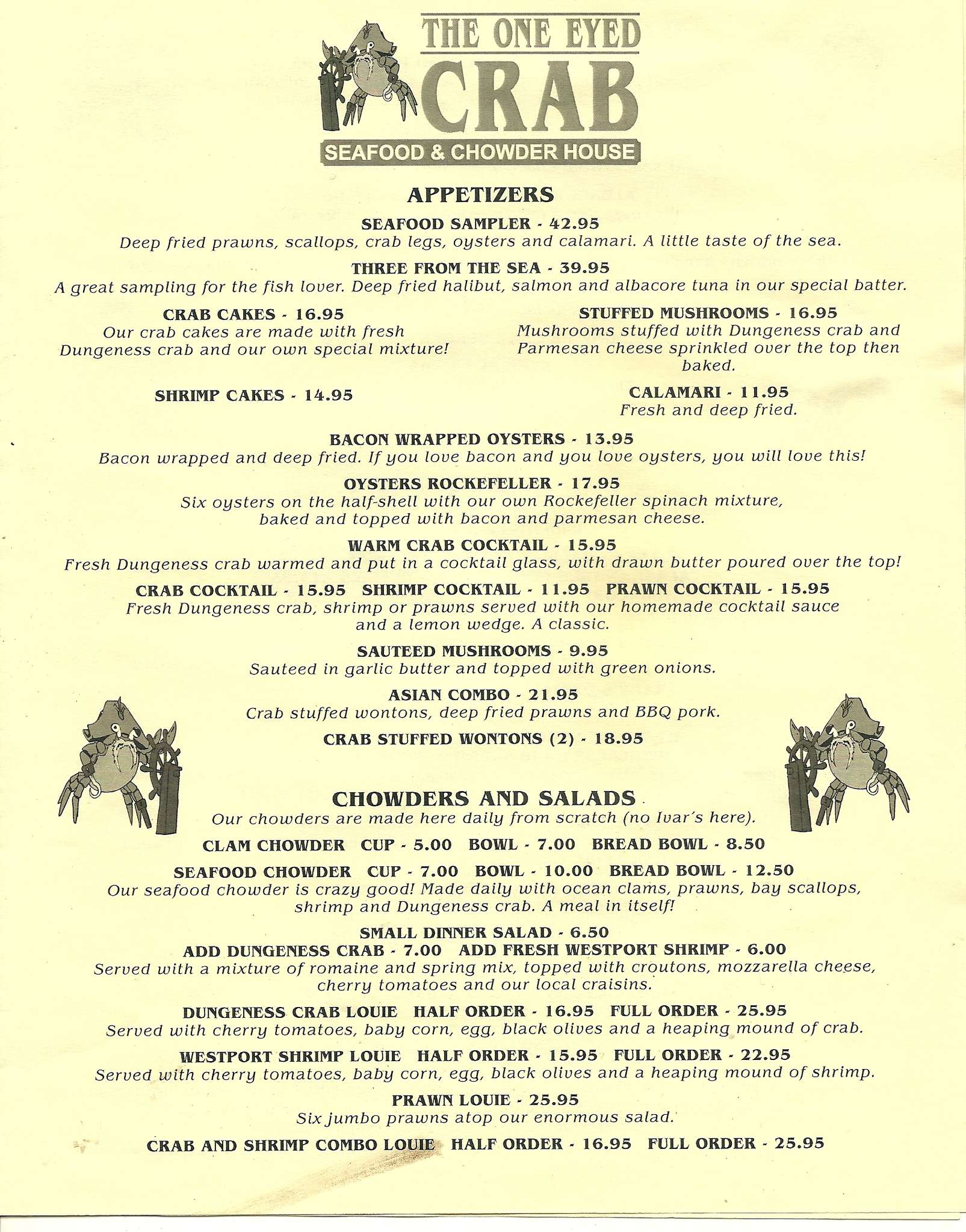 The One Eyed Crab Menu, Menu for The One Eyed Crab, Westport, Westport