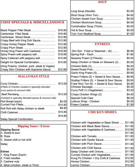 Delight Inn Chinese Menu, Menu for Delight Inn Chinese, Frankston ...