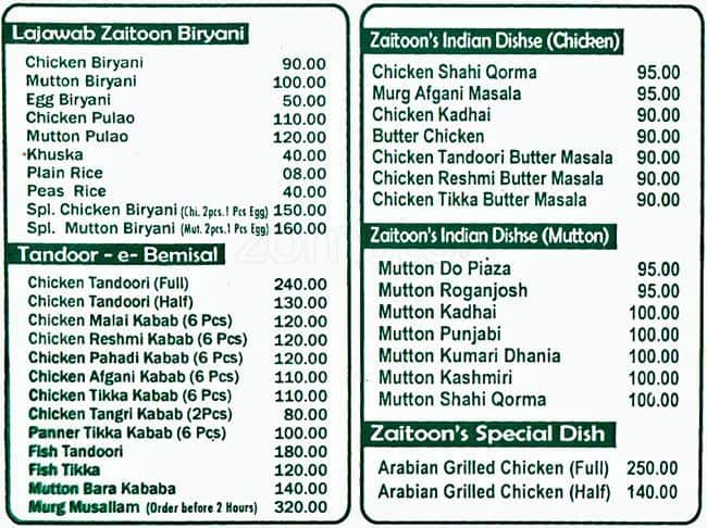 Zaitoon Menu, Menu for Zaitoon, Esplanade, Kolkata - Zomato