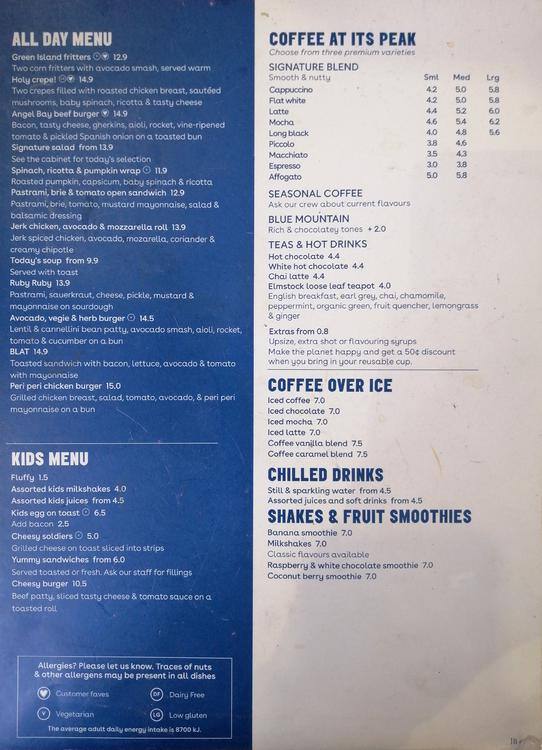 Menu at Jamaica Blue cafe, Hamilton