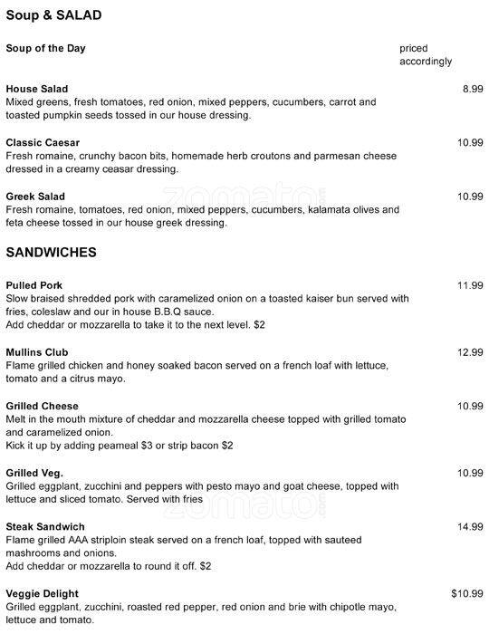 Mullins menu