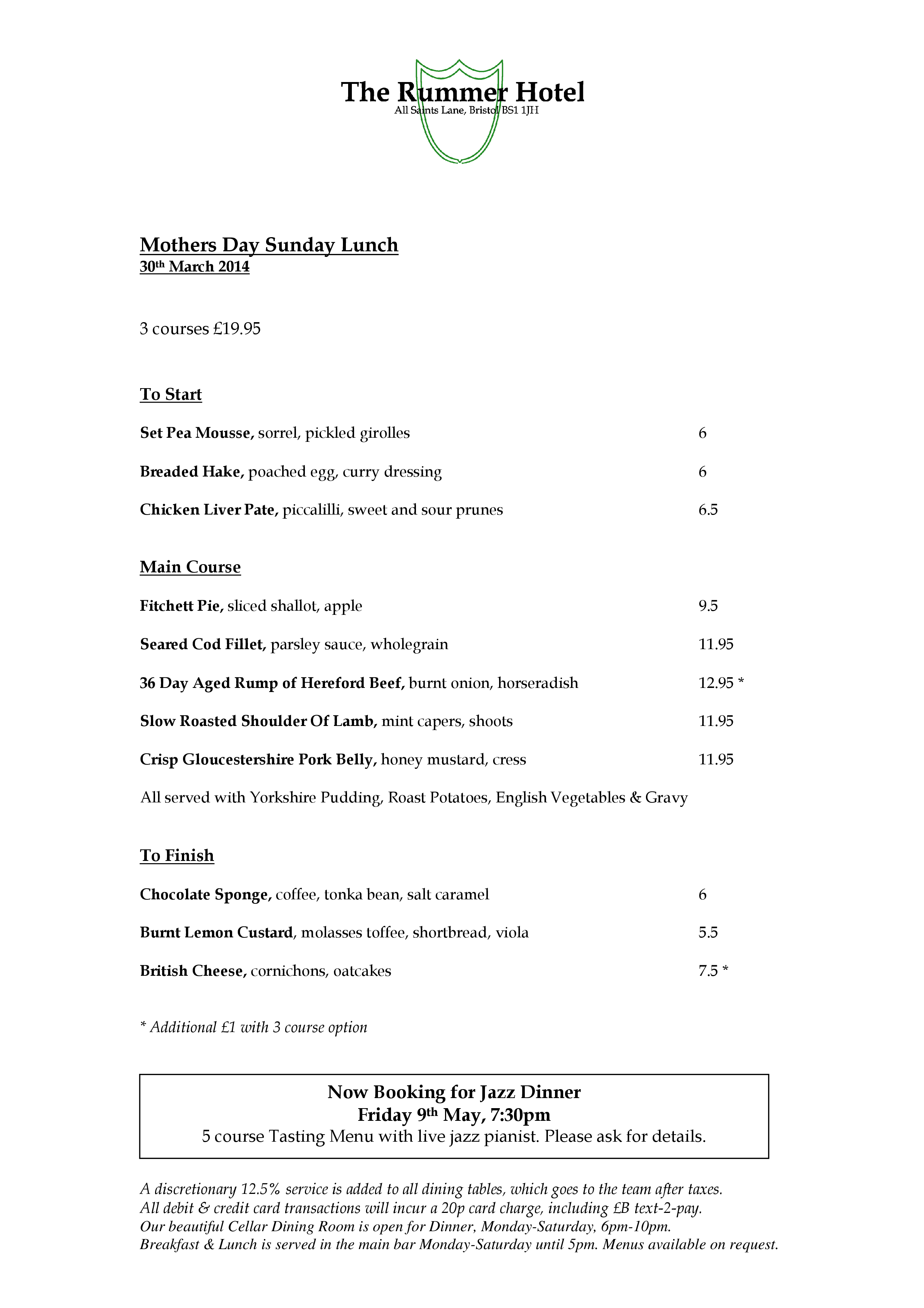 Menu at The Rummer pub & bar, Bristol