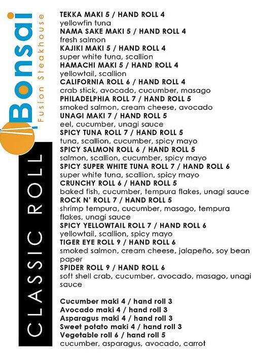 Menu at Bonsai fusion Japanese Steakhouse, Houston