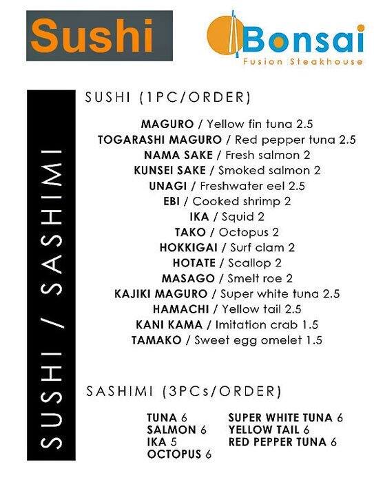 Menu at Bonsai fusion Japanese Steakhouse, Houston