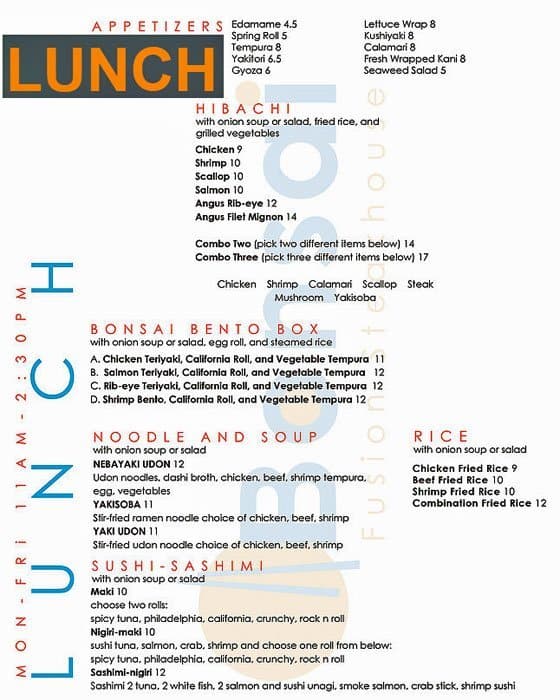 Bonsai Fusion Japanese Steakhouse Menu Urbanspoon/Zomato