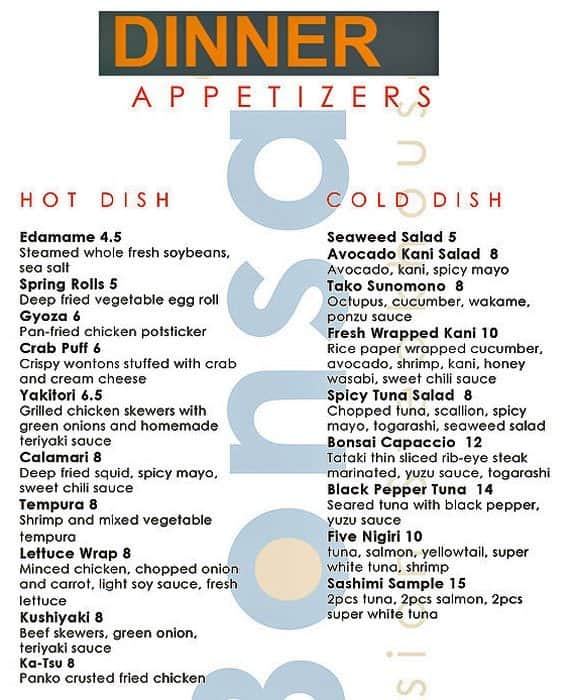 Menu at Bonsai fusion Japanese Steakhouse, Houston