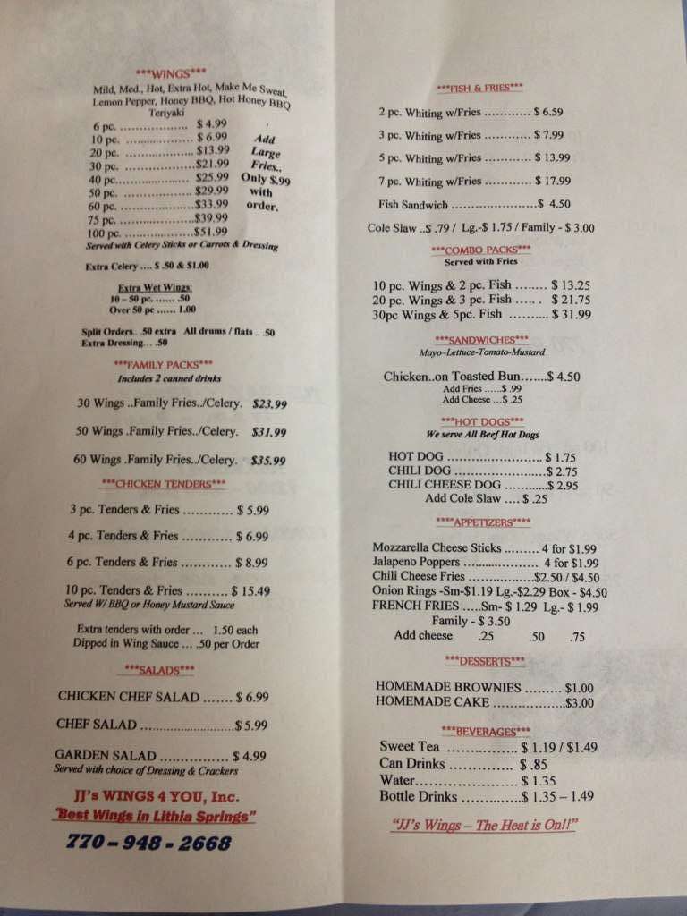 J J's Wings 4 You Menu, Menu for J J's Wings 4 You, Lithia Springs