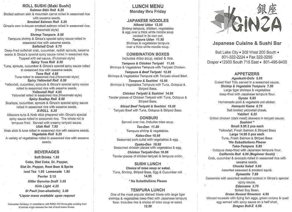 Ginza Menu, Menu for Ginza, Downtown, Salt Lake City Urbanspoon/Zomato