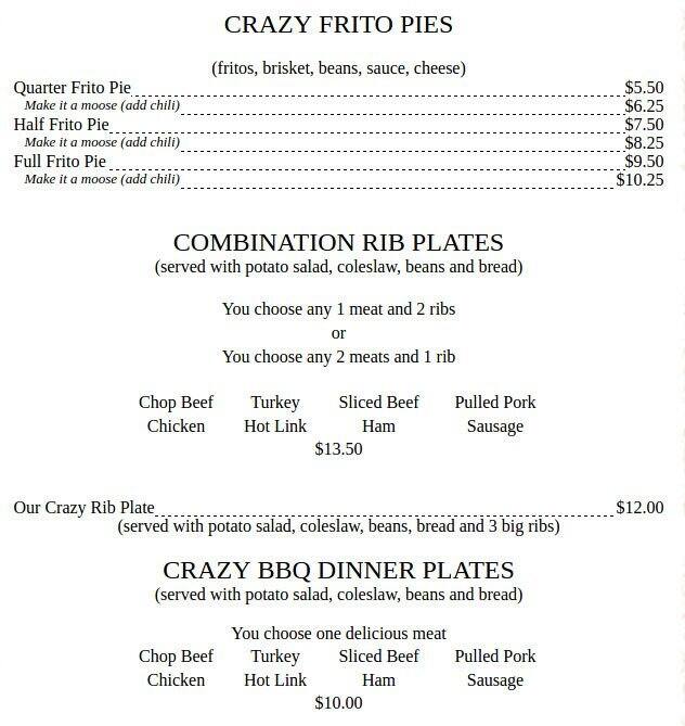 Menu at Crazy Larry's Barbecue, Amarillo