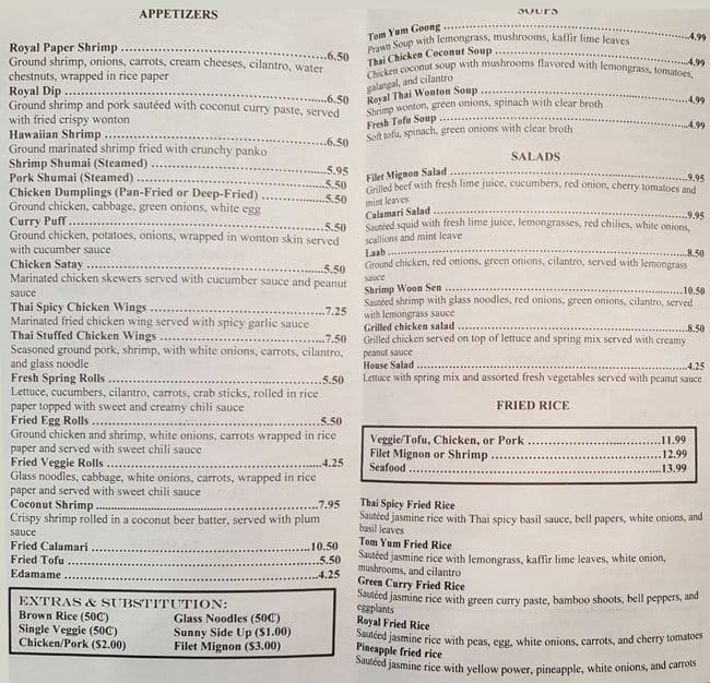 Menu at Royal Thai restaurant, Harahan
