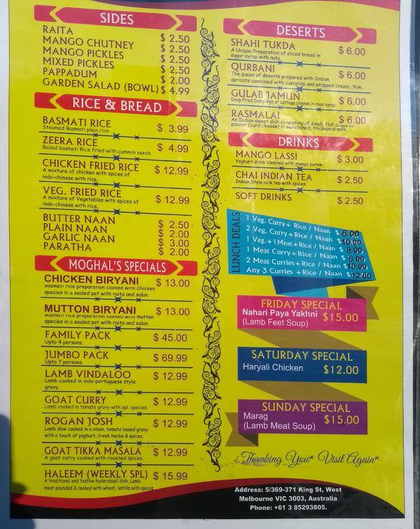 The Moghals Menu Menu For The Moghals West Melbourne Melbourne