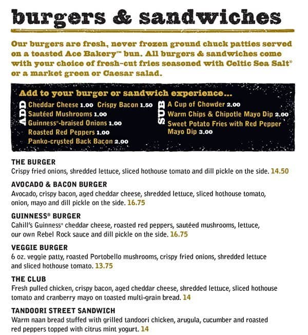 Fionn MacCool's menu