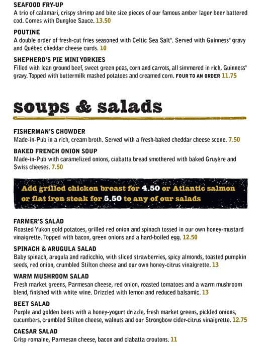 Fionn MacCool's menu